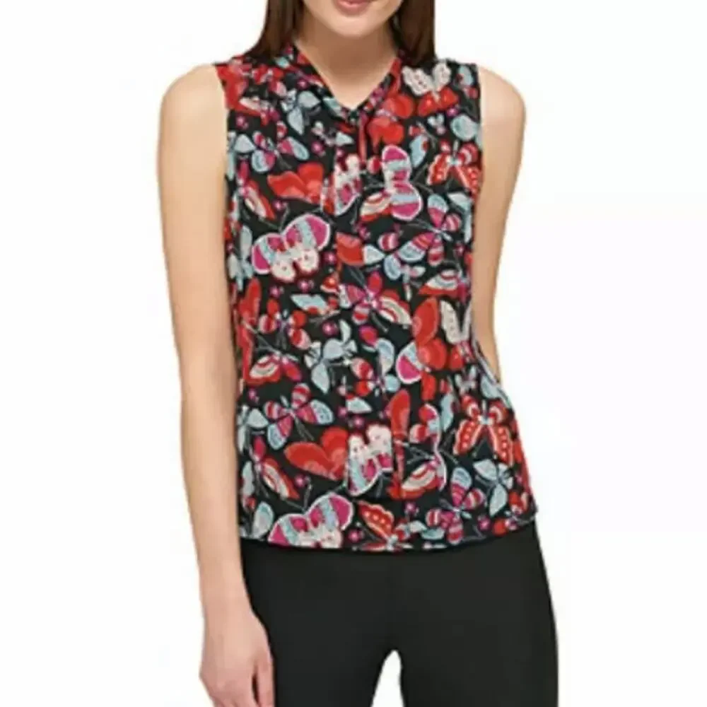 NWT Tommy Hilfiger butterfly print tie neck top